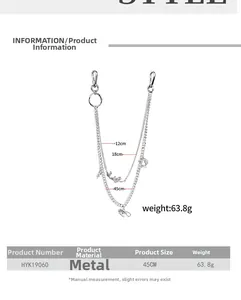 Detail view of silver multilayer pants chain with dimensions showing 45cm total length