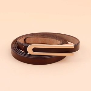 Minimalist slim brown cowhide leather belt for women with U-shaped gold buckle