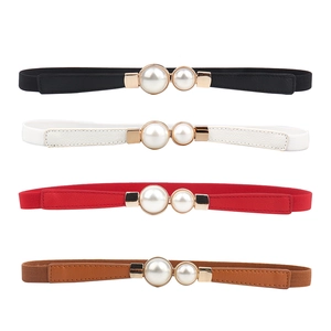 Ceinture Élastique Fine Élégante pour Femmes Boucle à Double Künstliche Perle Bande de Taille en Cuir PU pour Robes Banquet Femme Accessoires Mode