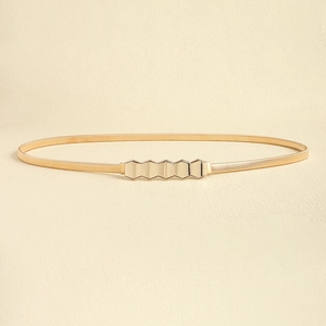 Detailed view of golden elastic snake chain belt with hexagonal geometric buckle