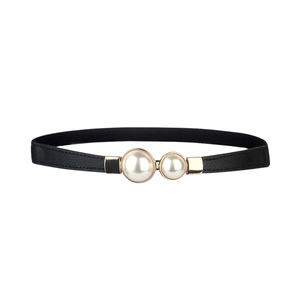 Ceinture élastique noire élégante avec double boucle perlée dorée pour robes de femme
