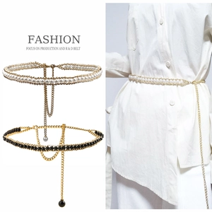 Elegant Women Waist Chain Belt Alloy Gold Metal Link With Faux Artificial Pearl Beaded Adjustable Body Jewelry For Dress Party