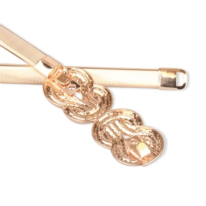 Detailed macro view of the gold spring metal waist chain with vintage buckle closure