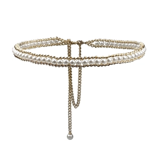 Elegant multi-layer pearl waist chain with gold aluminum links for women dresses