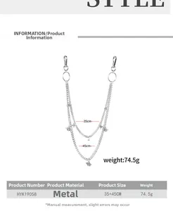 Macro detail of double-layer silver chain with bee charms and technical dimensions