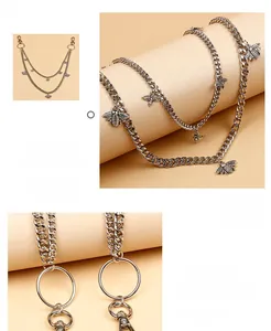 Detail of multi-layer silver pant chain with bee charms and 360-degree swivel ring clasp