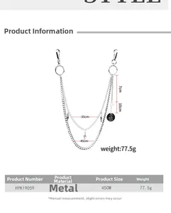 Detail view of multi-layer silver pant chain with lightning bolt and round pendants