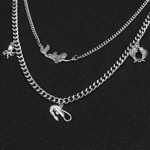 Silver double-layer ocean-themed trouser chain with mermaid and shrimp charms