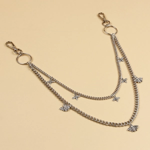 Double-layered silver trouser chain with bee pendants and metal rings for jeans