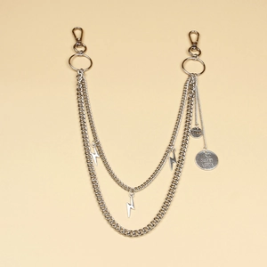 Double-layered silver pant chain with lightning charms and LOVE engraved round pendants