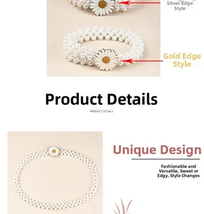 Détails de la chaîne de taille en perles avec boucle marguerite dorée ou argentée