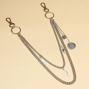 Multi-layered silver metal pants chain with lightning pendants and engraved love charms