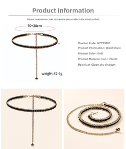 Détails de la chaîne de taille dorée à plusieurs rangs avec perles et mesure de 108cm