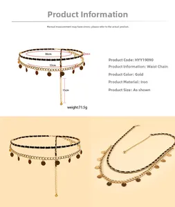 Vue détaillée d'une chaîne de taille dorée à double couche avec pendentifs ronds et cuir tissé