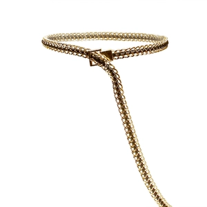 Minimalist gold chain link belt with black leather weaving and square buckle