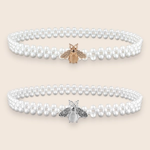Chaîne de taille élastique en perles avec boucle abeille en strass dorée et argentée