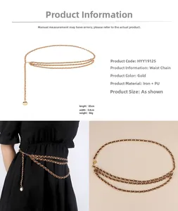 Détail de la chaîne de taille dorée à trois rangs avec cuir marron tressé et pendentif