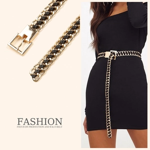 Women's Elegant Metal Woven Chain Belt Gold PU Leather Geometric Waist Chain For Dresses Fashion Accessory Stylish Belt