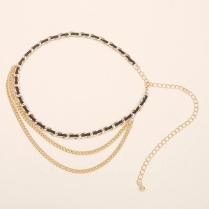 Ceinture chaîne dorée chic pour femme avec similicuir noir et franges multicouches