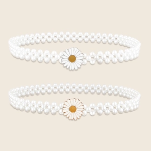 Élégante Chaîne de Taille en Künstliche Perle d'Imitation Marguerite Rétro Douce Ceinture Élastique Multi-rangs pour Accessoires Robe Femme Boucle Or Argent
