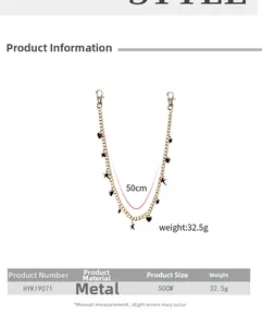 Size chart showing 50cm gold punk waist chain with black star and heart pendants