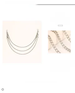 Detailed macro view of triple-layered silver alloy hip-hop trouser chain with lobster clasps