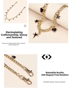 Detail of gold chain belt with black enamel star and heart charms featuring Love engraving