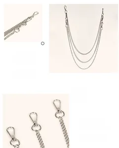 Detail of 3-layer metal pant chain showing 360-degree rotating lobster clasps and silver plating