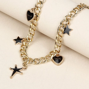 Gold pants chain with black enamel star and heart love pendants in punk hip hop style
