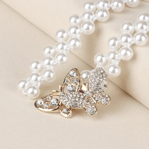 Cintura a catena elastica con perle da donna e fibbia a farfalla con strass luccicanti