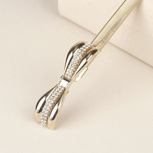 Ceinture élastique dorée élégante avec un nœud en strass pour robes de femmes