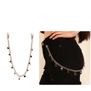 Women Fashion Alloy Gold Plated Waist Chain Black Enamel Star Heart Charms Punk Hip Hop Streetwear Pants Jewelry Accessory