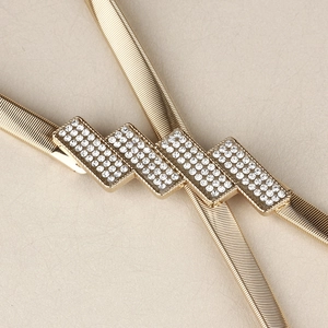 Elastic gold metal snake chain belt with geometric rhinestone buckle for dresses