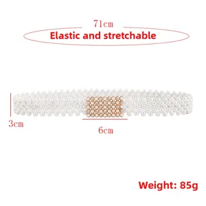 Elastische parel tailleketting met stras goudkleurige gesp en maatinformatie