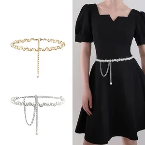 Elegante Damen Künstliche Perlen Taillenkette Verstellbarer Metallglieder Gürtel Für Kleider Vintage Französischer Stil Gold Silber Körperschmuck