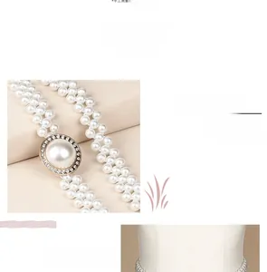 Detailed view of triple-row pearl waist chain with rhinestone encrusted circular buckle