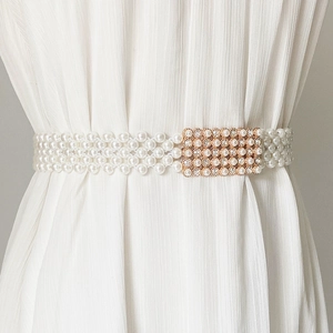 Elastische witte parel-tailleketting voor dames met sprankelende rechthoekige strass-gesp