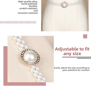 Detail view of double-row pearl waist chain with adjustable rhinestone buckle for dresses