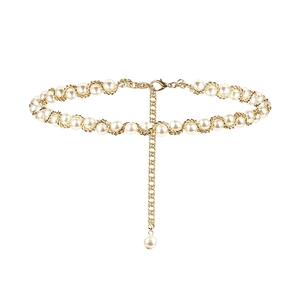 Eleganter Taillengürtel aus Goldkette mit weißen Perlen und verstellbarem Karabinerverschluss
