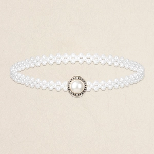 Elegant Faux Artificial Pearl Waist Chain Elastic Belt Alloy Rhinestone Buckle Vintage Style For Women Dress Jewelry Accessories