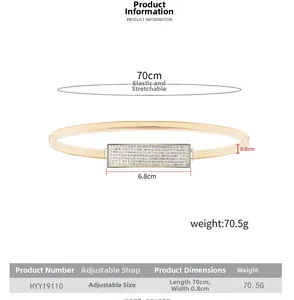 Cintura elastica in metallo dorato con fibbia rettangolare in strass e dimensioni