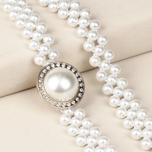Elegant pearl waist chain with gold rhinestone buckle for dresses and sweaters