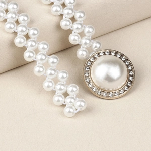 Elegant white pearl waist chain with golden rhinestone buckle for dresses and sweaters