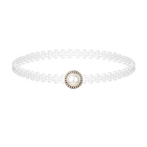 Elegant three-row pearl elastic belt with a rhinestone centerpiece in gold finish