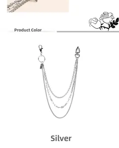 Detailed view of triple-layered silver punk waist chain with heart clip and lobster clasps