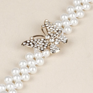 Cintura elastica con perle bianche e fibbia a farfalla con strass dorati per abiti donna