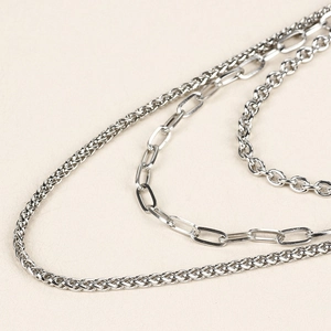 Detailed close-up of three multilayered punk style silver metal chains with different textures