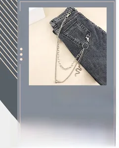 Detail view of silver double-layered hip hop trousers chain with snake pendant and ring buckle