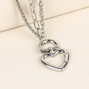 Layered punk silver pants chain with heart carabiner pendant and paperclip curb links