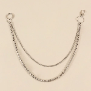 Double-layered silver metal pant chain with round spring clip and punk style links